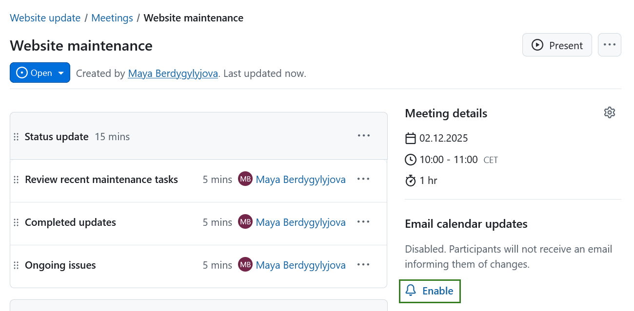 Icon to enable calendar updates for meeting changes in OpenProject one-time meetings