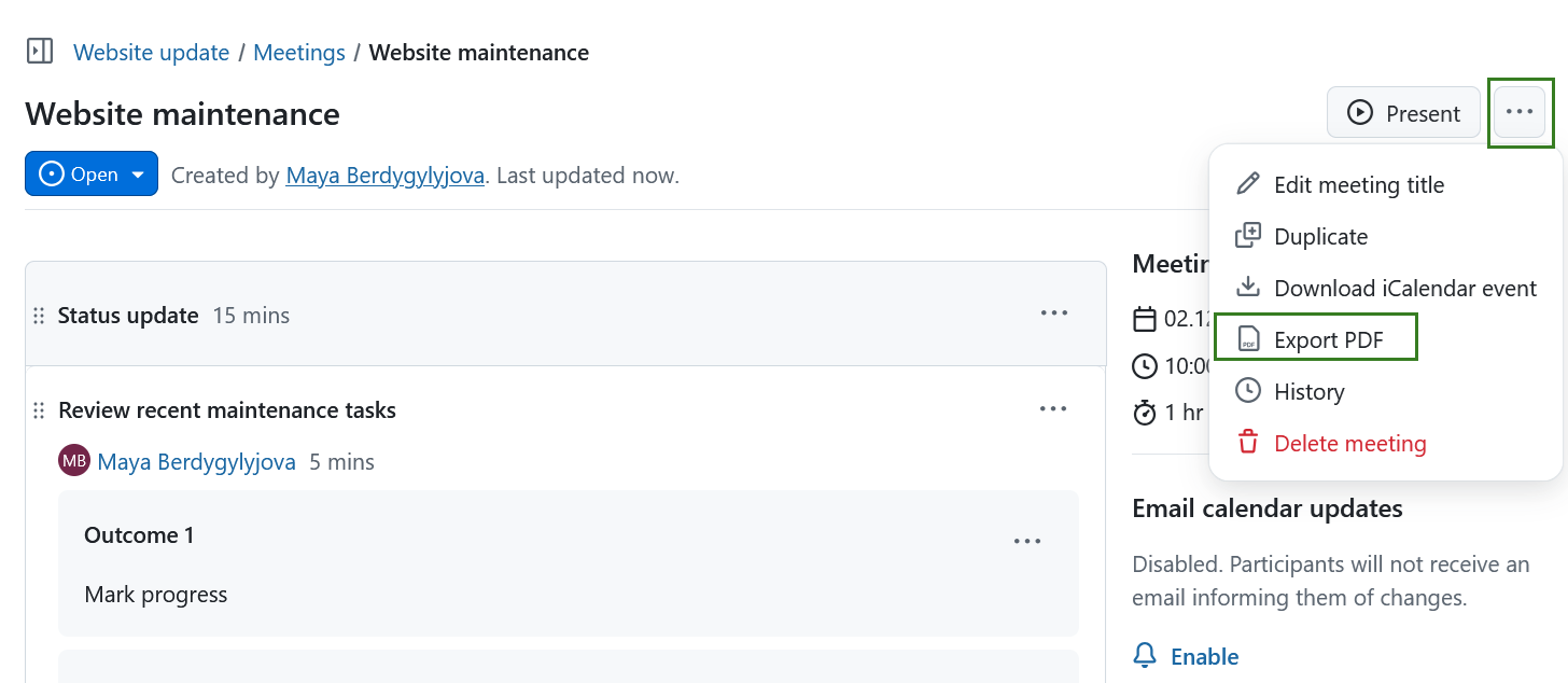 Option to export a meeting in PDF format in OpenProject