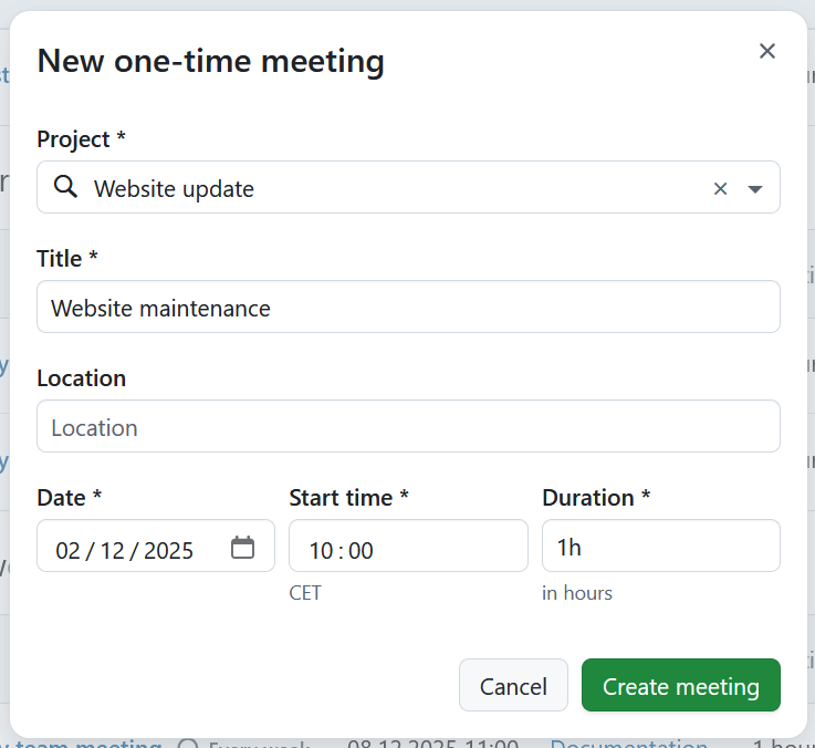 Create a new one-time meeting in OpenProject