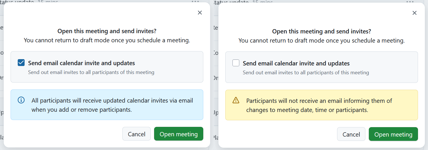A dialogue opened after exiting a meetings draft mode in OpenProject showing options to notify meeting participants or not