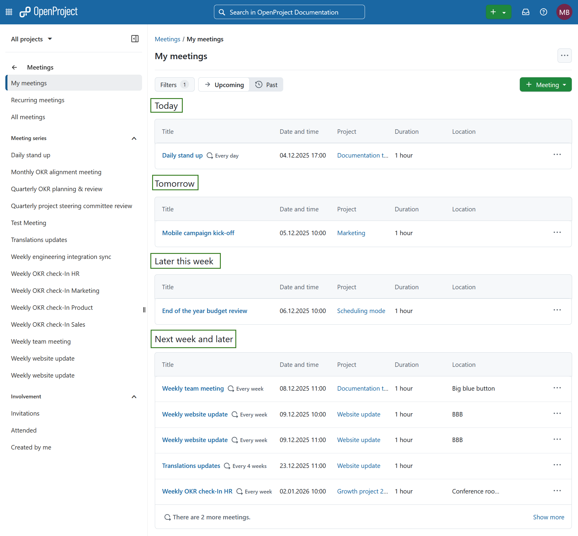 Meetings overview in openproject global modules