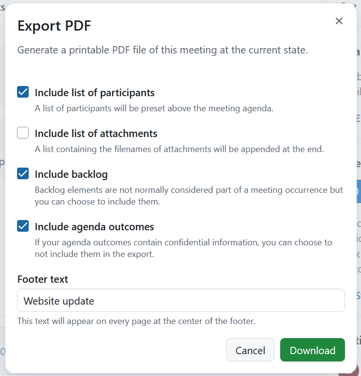 A dialogue to specify the PDF export of a meeting in OpenProject