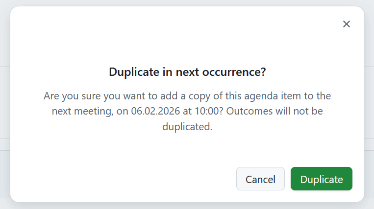 A confirmation dialogue for duplicating an agenda item into the the next meeting occurrence in OpenProject