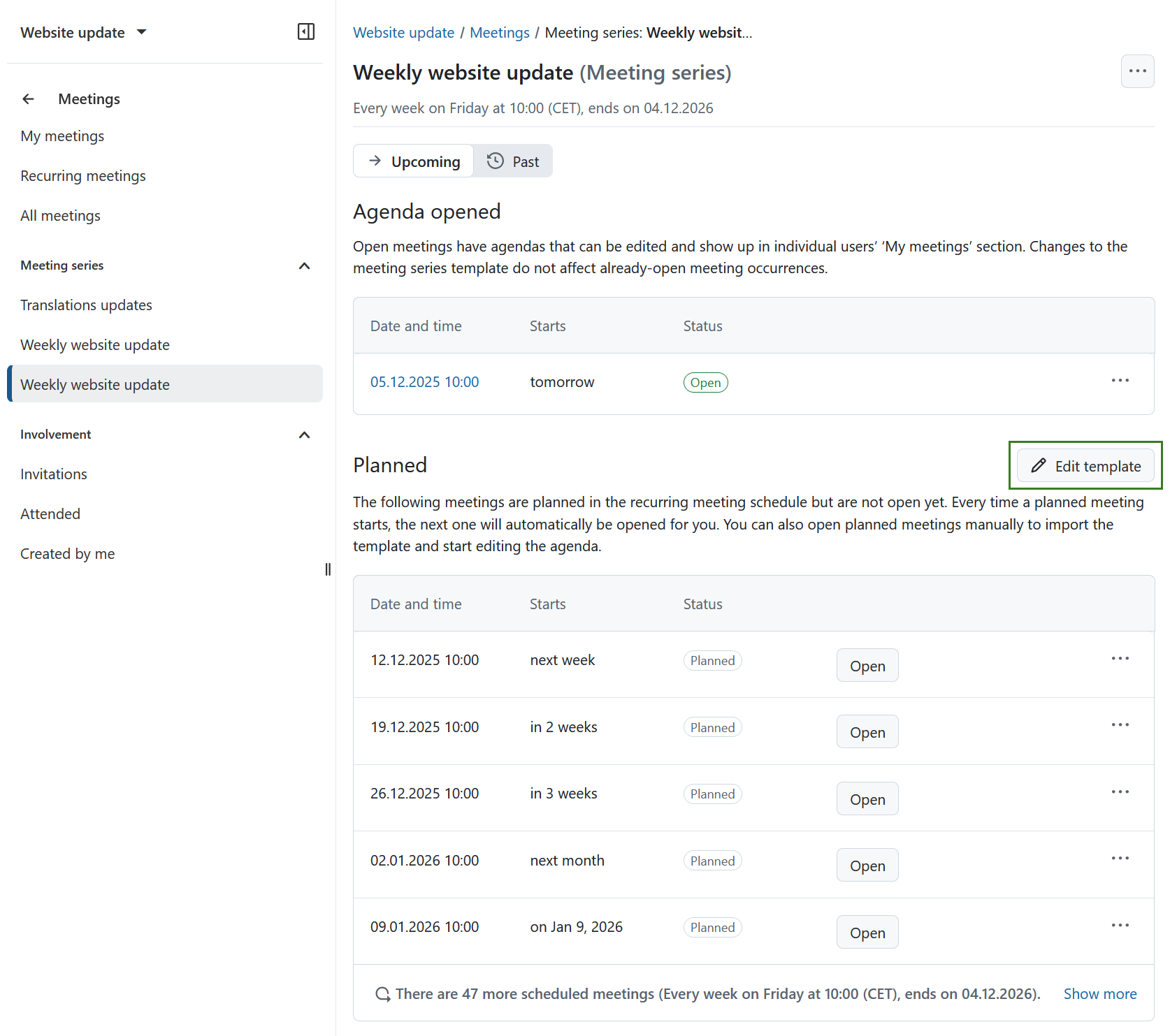 Edit template button for recurring meetings in OpenProject