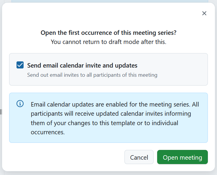 A dialogue to select meeting related notification preferences when exiting a meeting draft mode in OpenProject