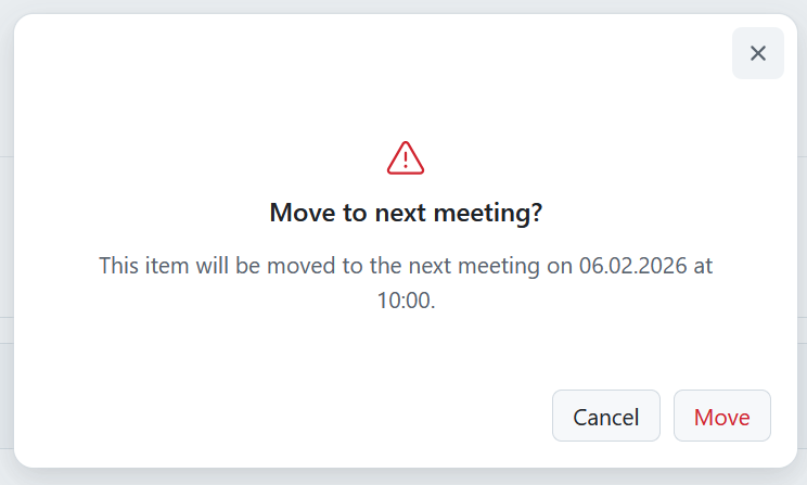 A confirmation dialogue for moving an agenda item into the the next meeting occurrence in OpenProject