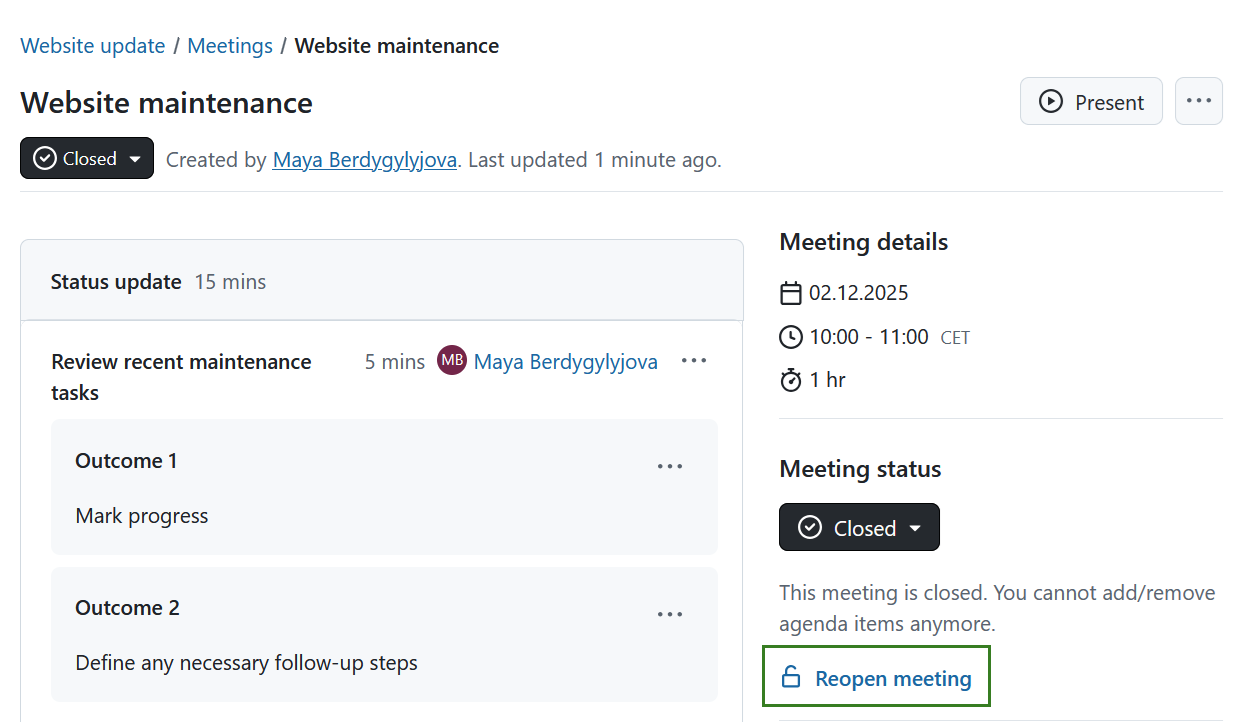 Re-open a meeting in OpenProject