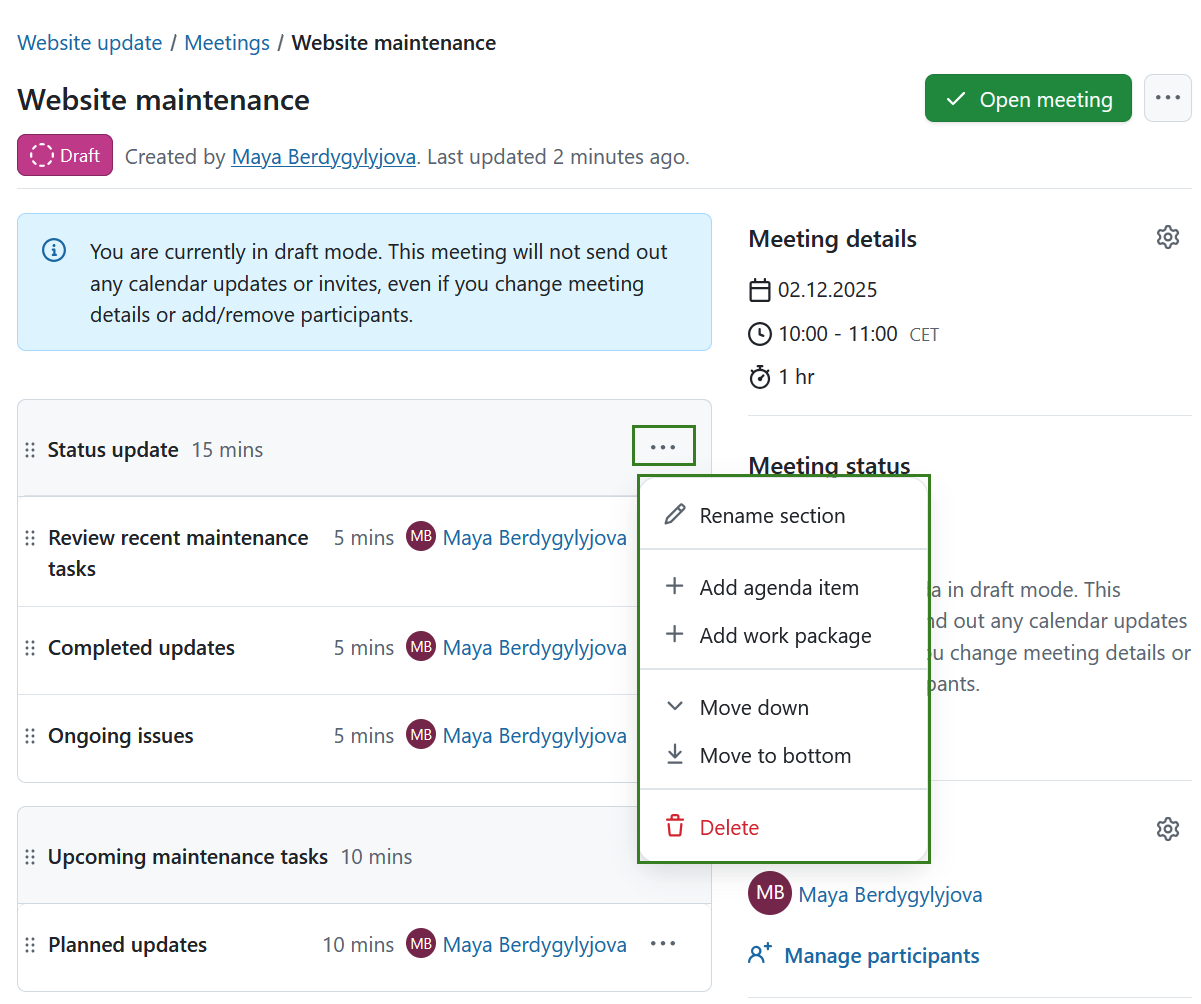 Edit or delete a section in an OpenProject meeting