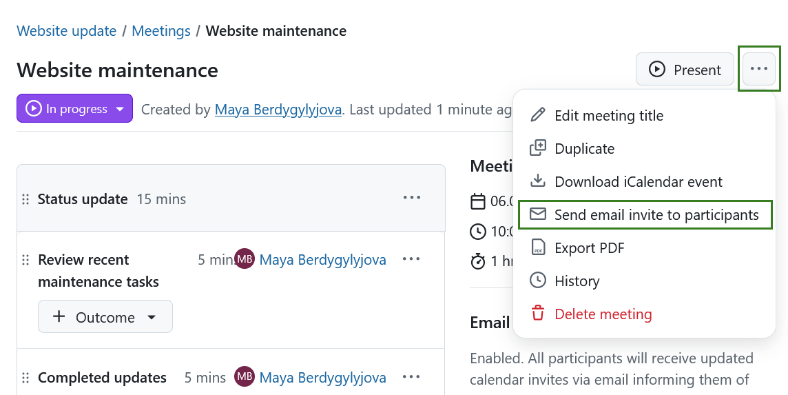 Option to send email invite to meeting participants in an OpenProject meeting