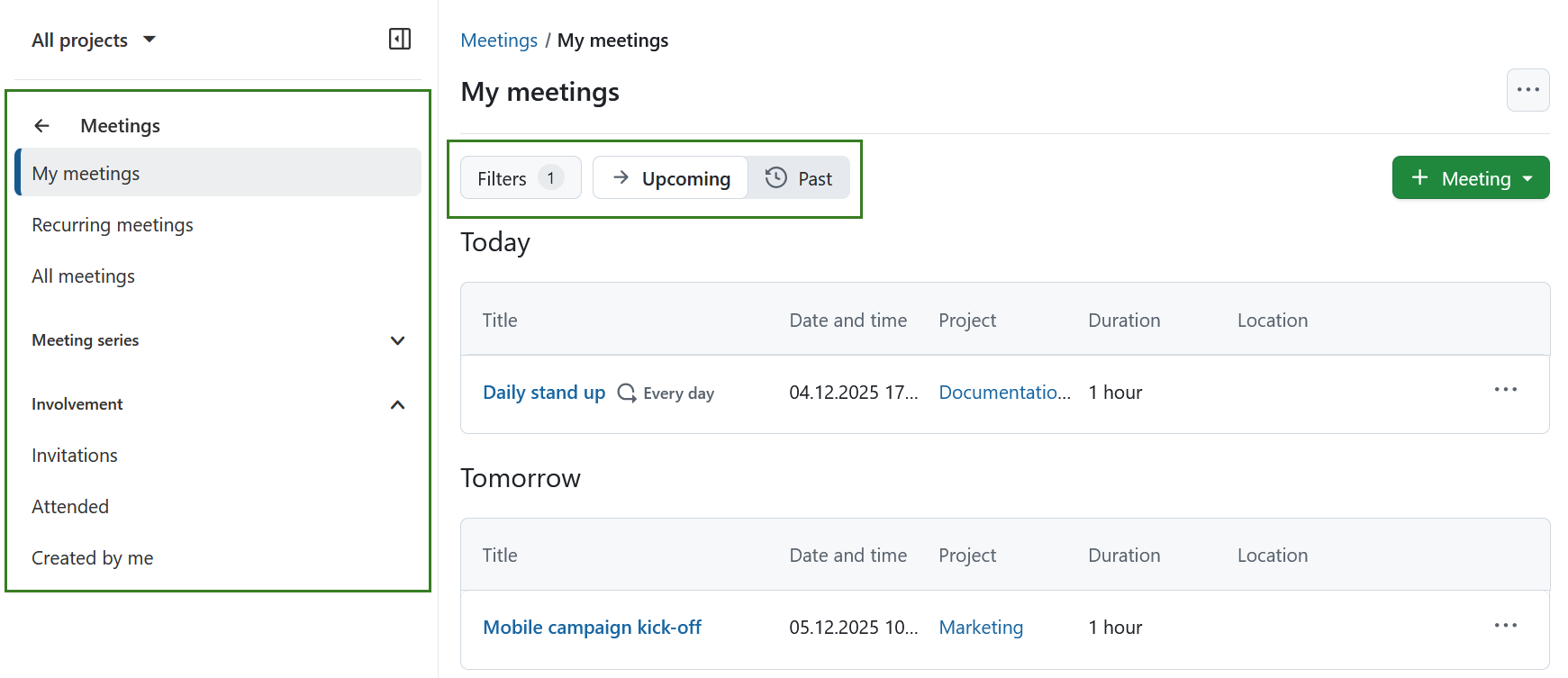 Meetings module side menu in OpenProject