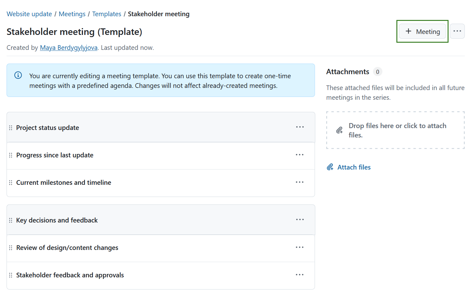 Create a new one-time meeting from a meeting template view in OpenProject meeting template