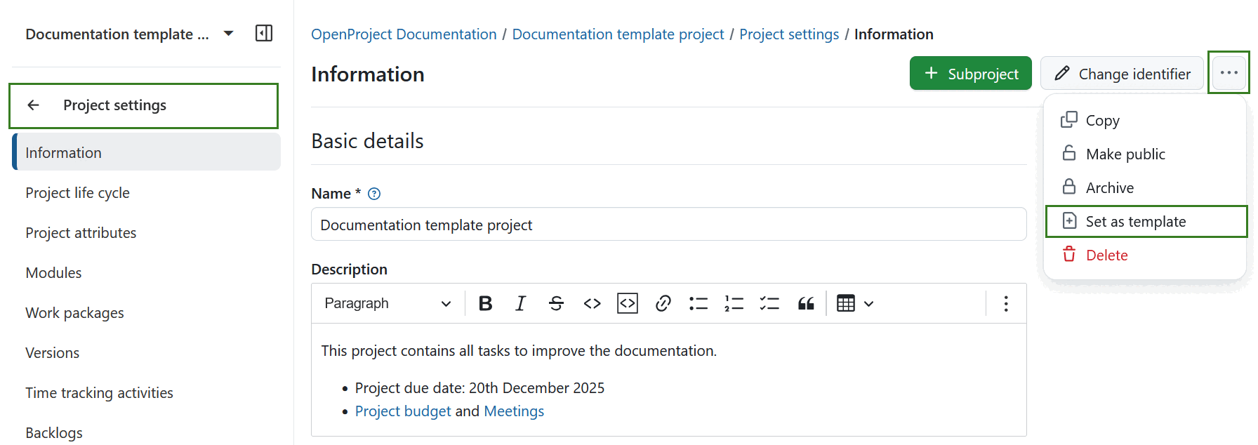 Icon to set a project as a template under project settings in OpenProject