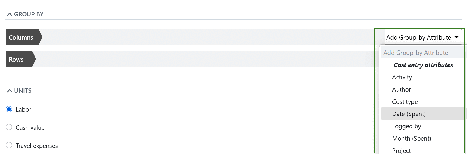 Group time and costs report by attributes in OpenProject