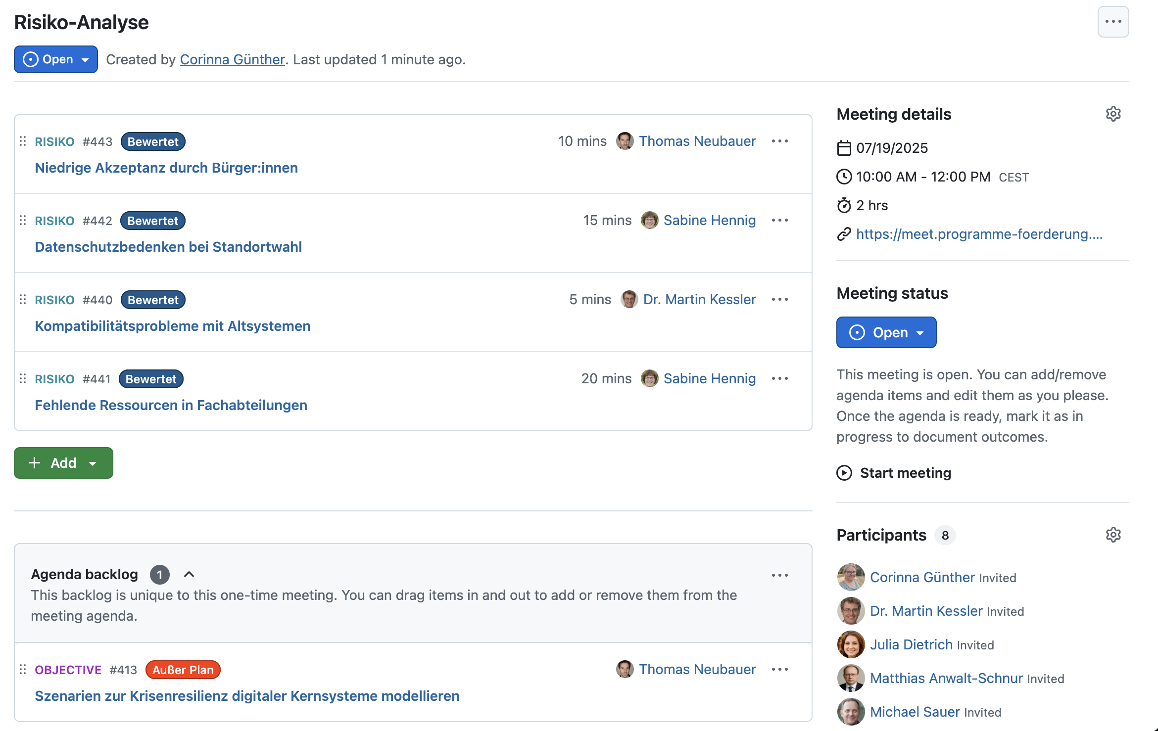 Meeting with risks work packages