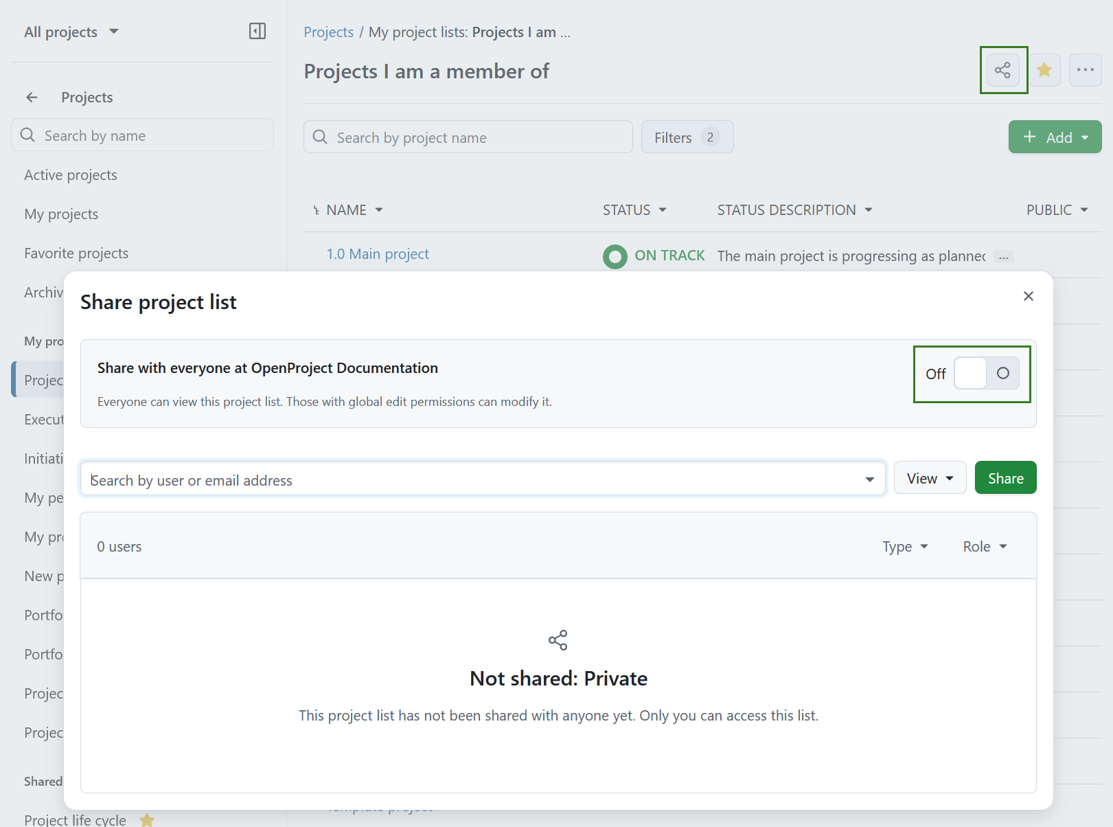 Share a project list with everyone in OpenProject