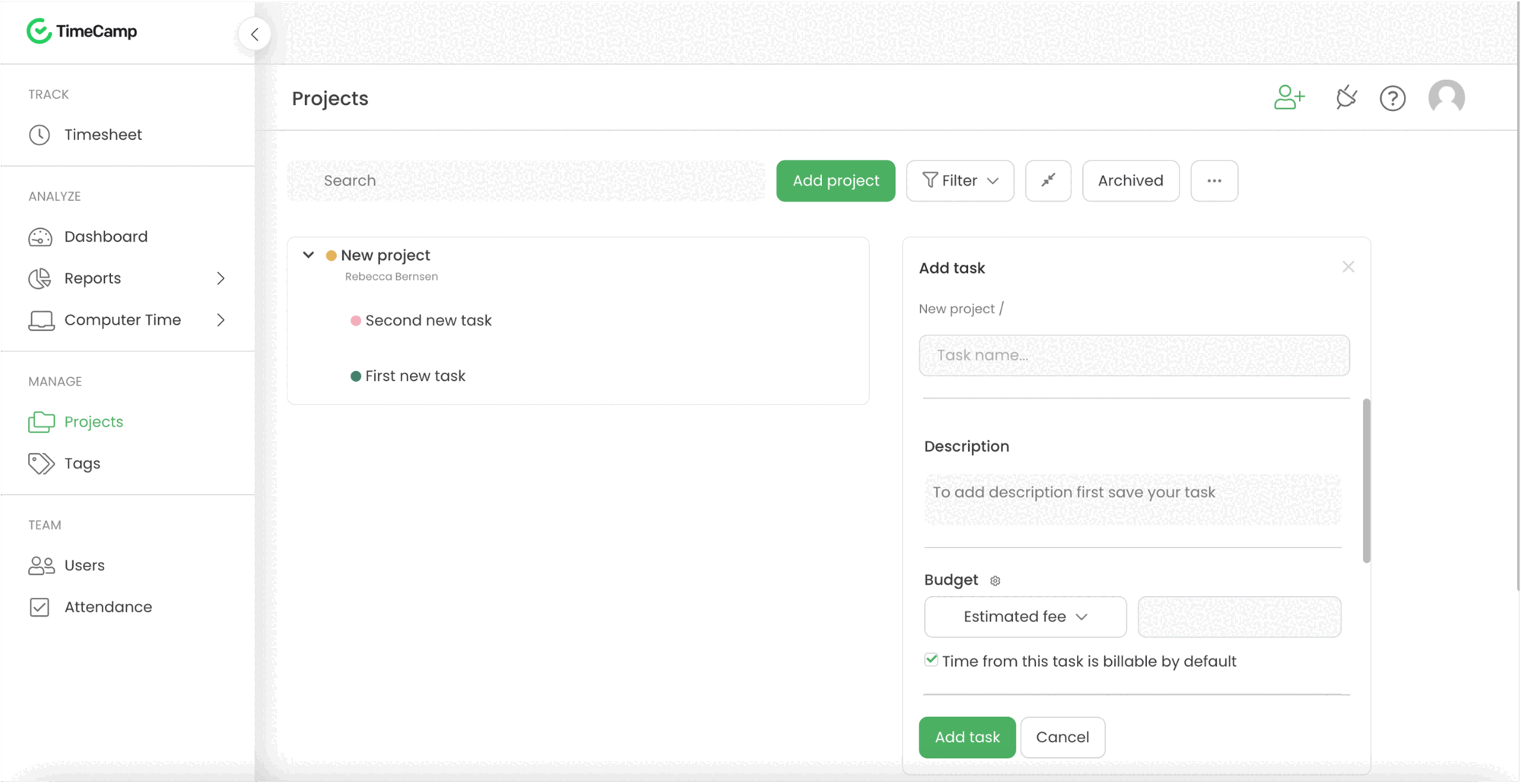TimeCamp account with a new project which shows 2 tasks