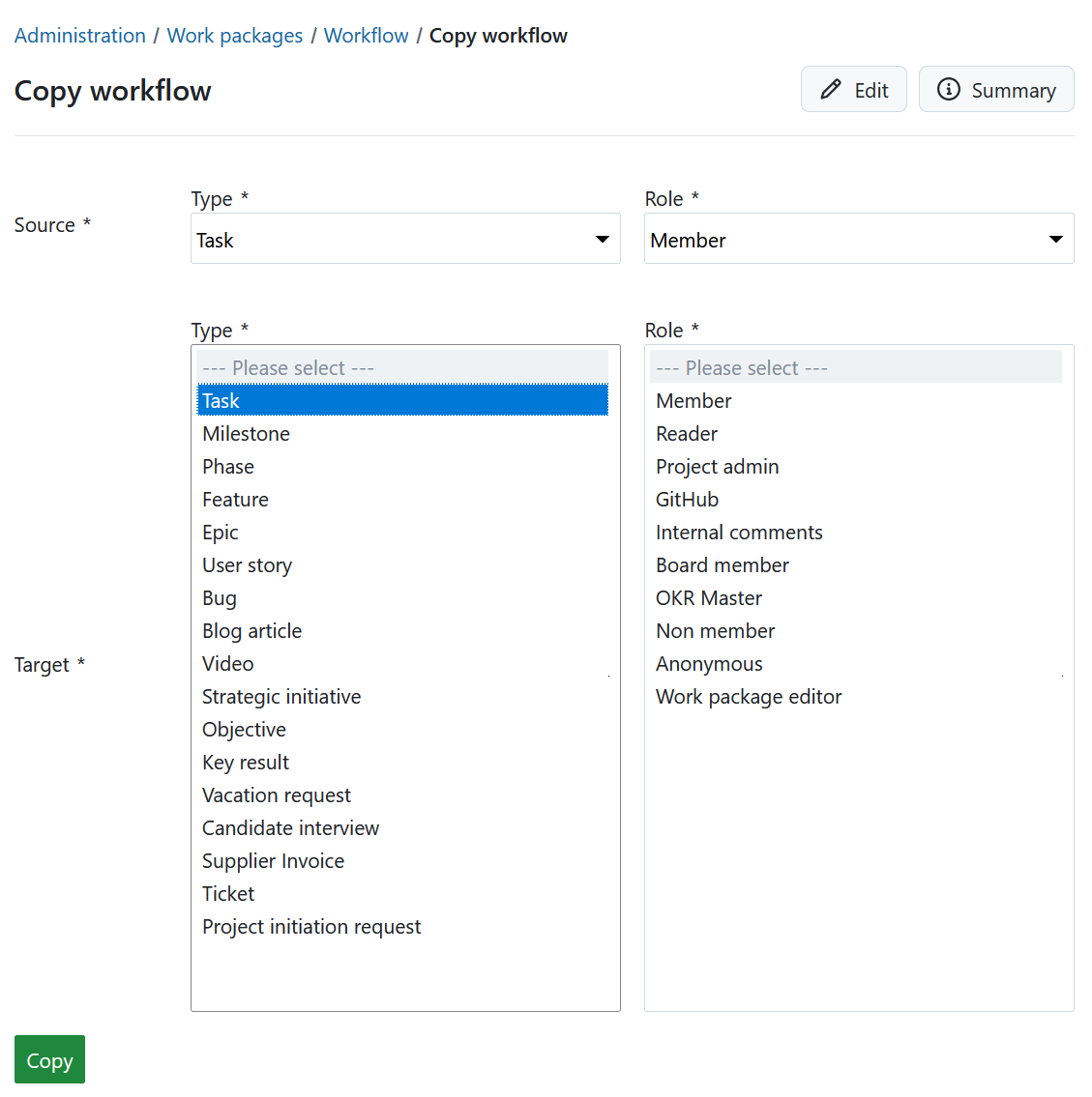 Example for copying a work package workflow in OpenProject administration